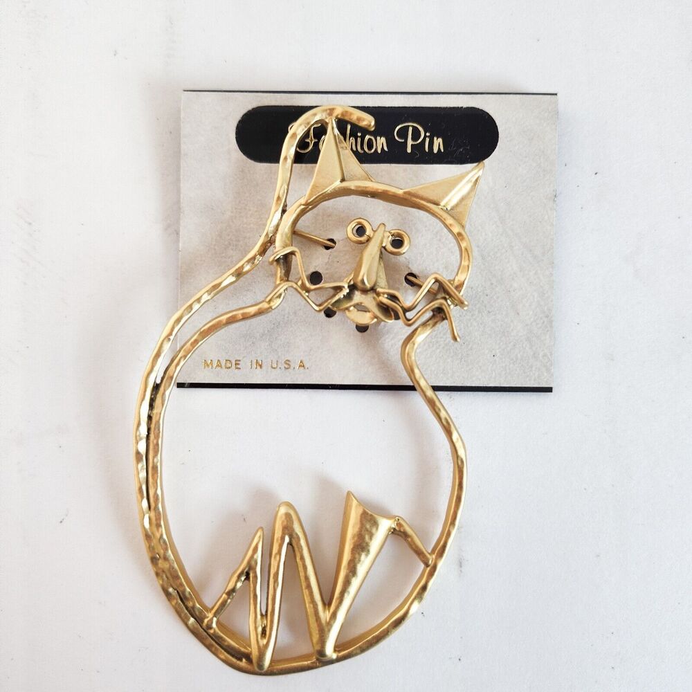 Vintage Brooch Cat Abstract Modernist Wire Gold T Large Pin Whimsical Grumpy Mod